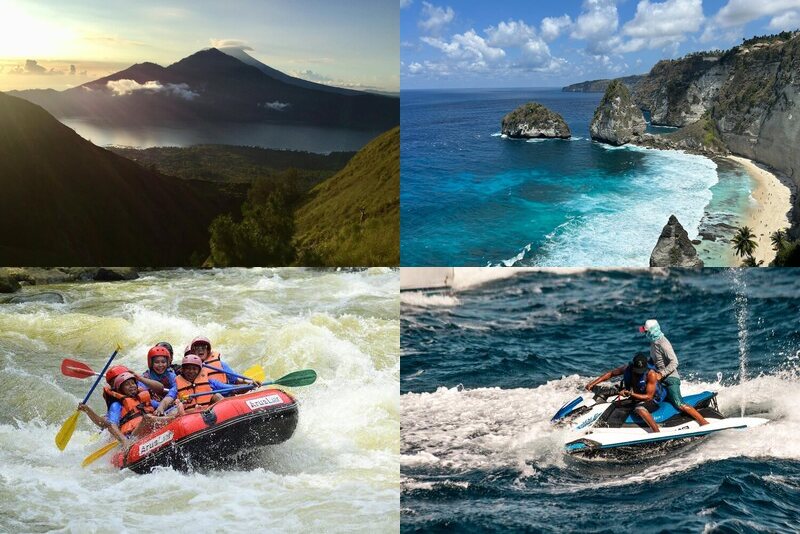 Collage of Bali activities including Mount Batur sunrise, Nusa Penida cliffs, rafting, and water sports